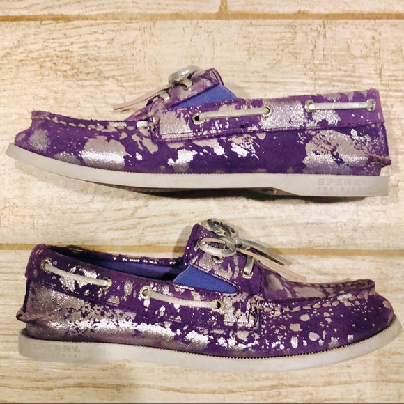 Purple Sperry Topsiders Silver Splatter, Like New KIDS - Picture 3 of 8